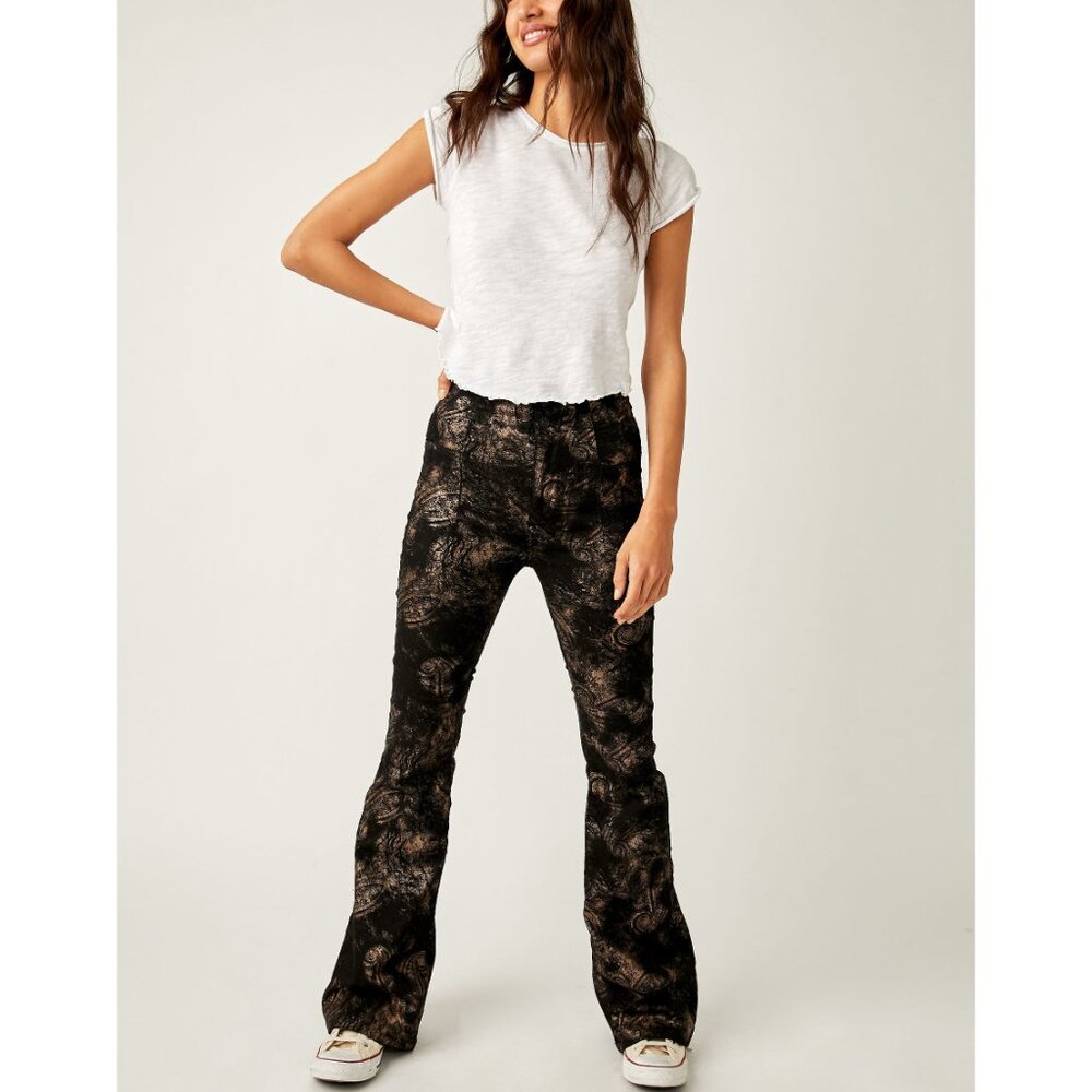 FREE PEOPLE Jayde Metallic Printed Flare Jeans / Black Tie